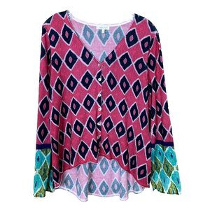Habitat Clothes To Live In Womens L Cardigan Sweater Pink Boho Peacock Artsy